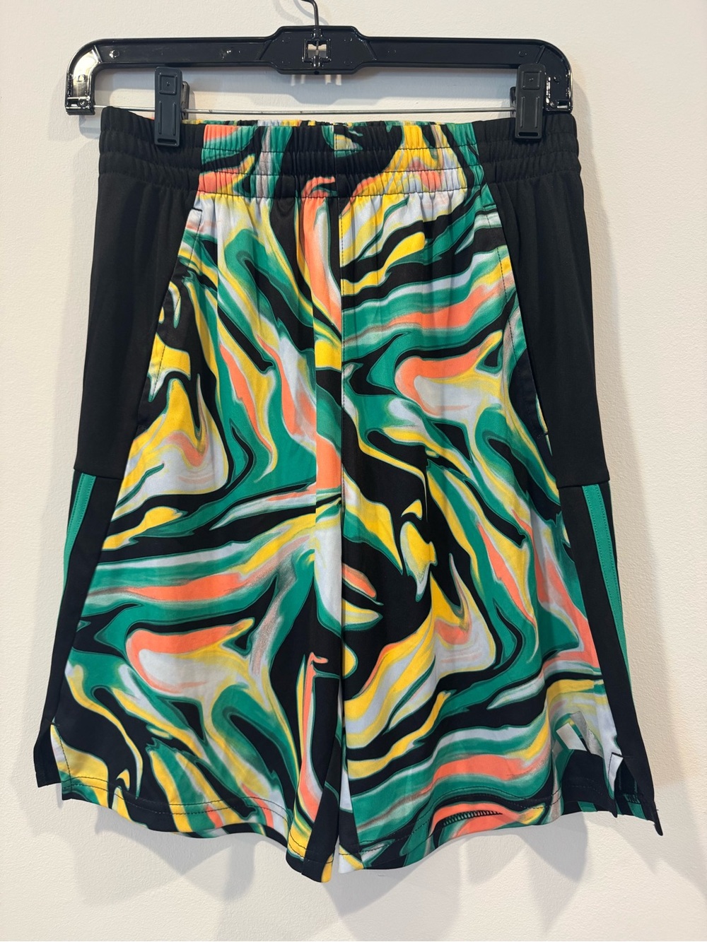 adidas Youth 14-16 Marble-Print Athletic Shorts in Teal, Coral & Yellow